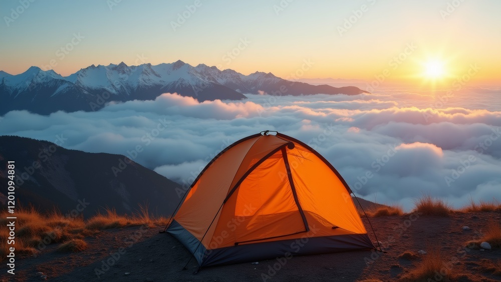 Poster the image shows a camping tent set up on a rocky terrain with a beautiful view of a mountain range i