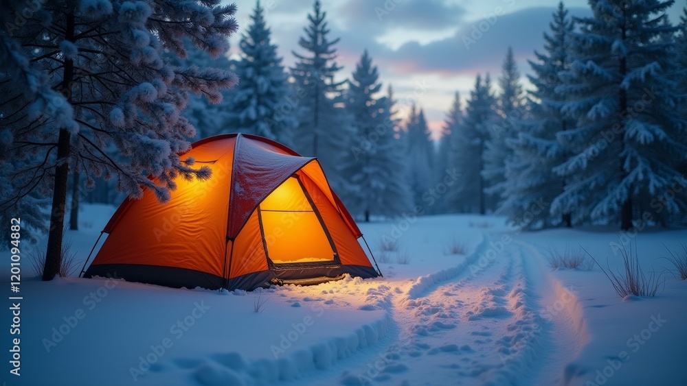 Poster the image shows a camping tent set up in the middle of a snowy forest. the tent is orange in color a