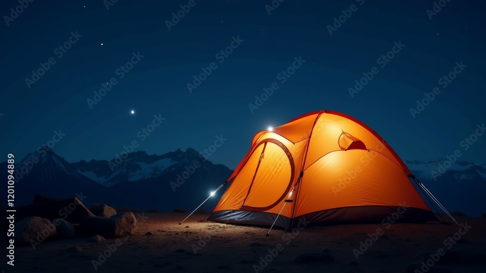 Poster the image shows a camping tent set up on a rocky terrain with a mountain range in the background. th