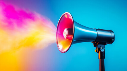 Colorful Megaphone with Vibrant Smoke Against Bright Blue Background