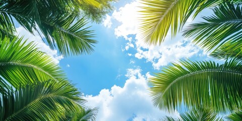 Fototapeta premium Lush green coconut tree leaves frame a vibrant blue sky with fluffy white clouds under bright summer sunlight ideal for serene backgrounds and wallpapers