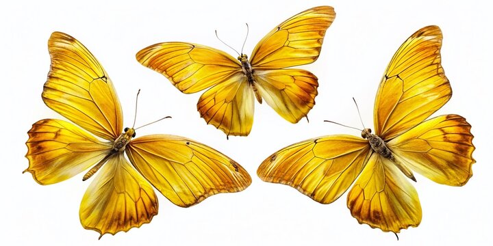 Four Yellow Phoebis Philea Butterflies Isolated on White, Spread Wings, Flight