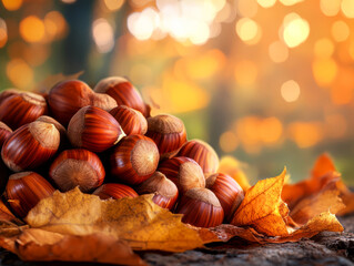 Fresh Hazelnuts on Colorful Autumn Leaves with Blurred Background of Fall Foliage Scene
