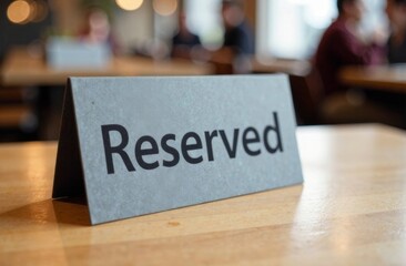 The "Reserved" sign on the table with a blurred background. Booking a place in a restaurant.