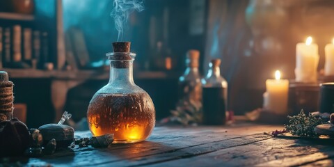 Mystical apothecary table featuring a glowing potion in a glass flask with smoke, surrounded by candles, herbs, and bottles in dark tones.