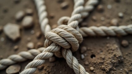 Fototapeta premium The image shows a close-up of a rope with a knot in the center. The rope is coiled and appears to be made of a light-colored material, possibly cotton or a similar material.