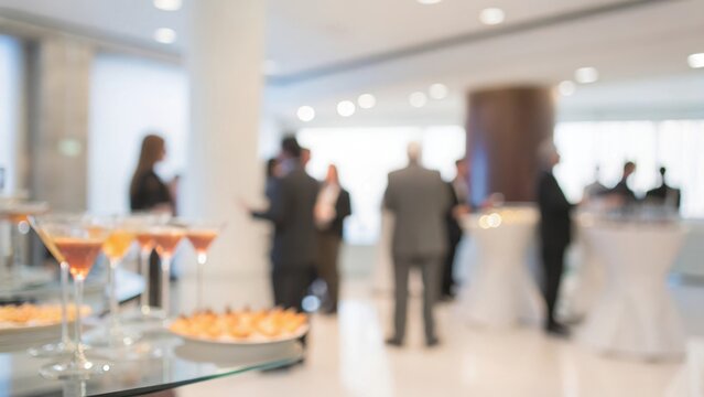 Networking Cocktail Hour Blur: A sophisticated networking event with blurred attendees enjoying drinks and mingling.
