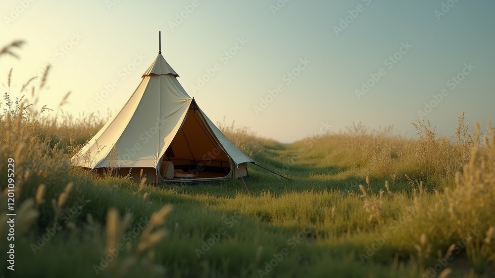Poster the image shows a large tent set up in the middle of a grassy field. the tent is a bell-shaped struc