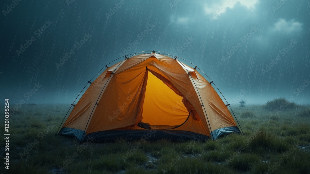 Poster the image shows a large orange tent set up in the middle of a grassy field. the tent is facing towar