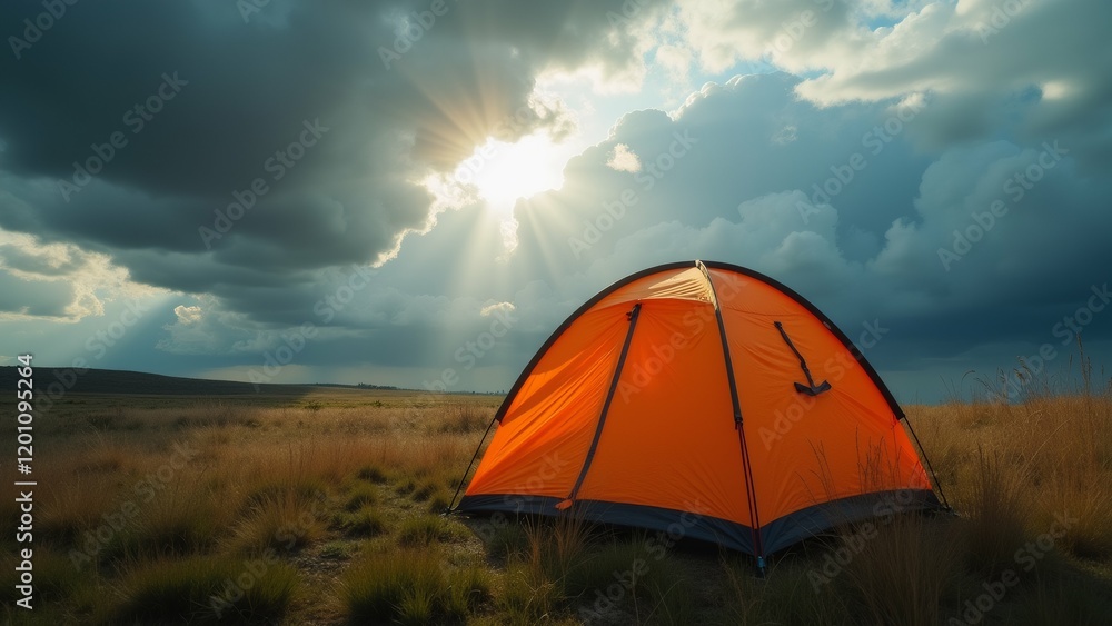 Poster the image shows a large orange tent set up in the middle of a grassy field. the tent is facing towar