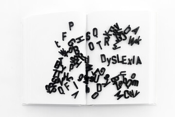 Dyslexia concept. Book filled with jumbled letters