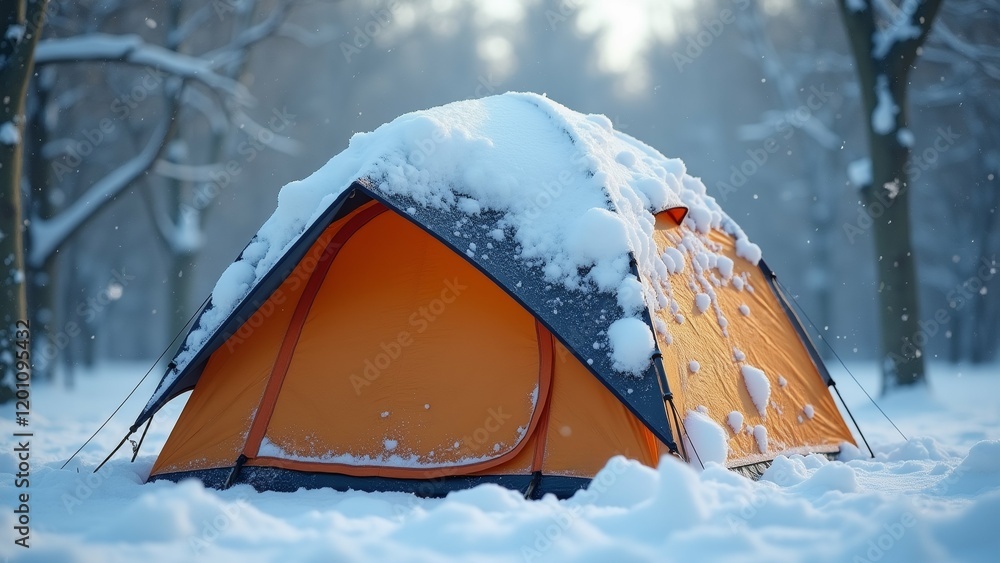 Poster the image shows a tent set up in a snowy forest. the tent is orange in color and is covered in a thi