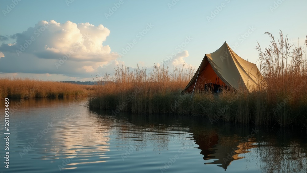 Poster the image shows a tent set up on the shore of a lake. the tent is orange and yellow in color and is 