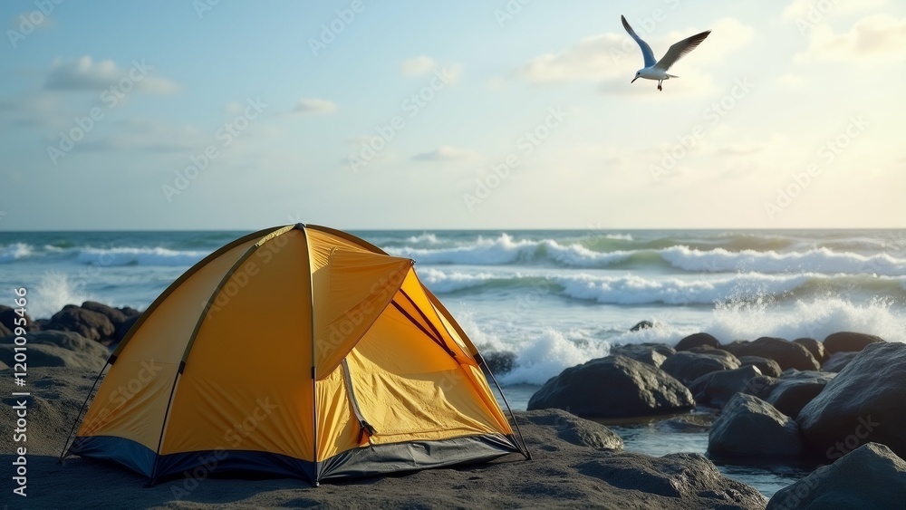 Poster the image shows a yellow tent set up on a rocky beach with the ocean in the background. the tent is 