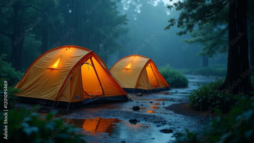 Poster the image shows two orange tents set up in a forest. the tents are facing each other and are positio