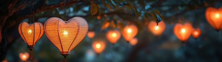 Heart-shaped lanterns glowing in the night.