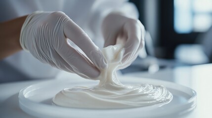 111.A detailed image of a gloved hand delicately spreading a creamy product onto a patientâ€™s skin. The white table and minimalistic indoor setting create a clinical yet approachable atmosphere.