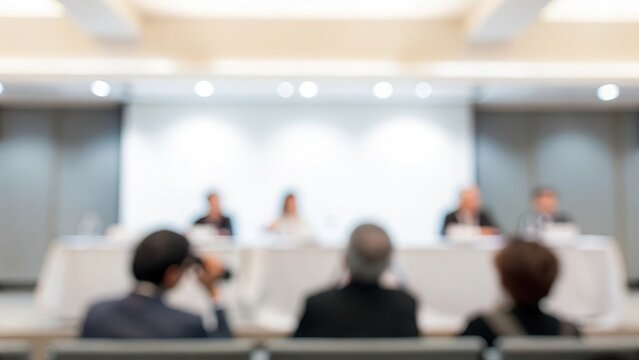 Conference Panel Blur: A blurred stage with a panel of experts discussing topics in front of an engaged audience.
