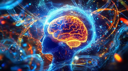 A digital brain fused with a human brain surrounded by glowing pathways depicting the convergence of artificial and human intellect
