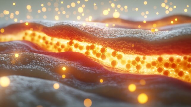 83.A dynamic 3D visualization of skin cells absorbing serum molecules, with glowing particles passing through the layers. The transformation is represented by smoother and firmer cells at the bottom.