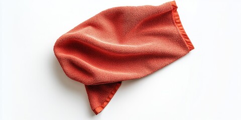 Textured rust-colored microfiber cleaning cloth draped on white surface with ample negative space for text or design elements on either side
