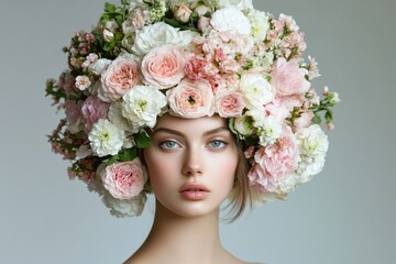 Naklejka premium A model poses gracefully with a lavish headdress made of fresh flowers, featuring soft pastel hues. This enchanting look captures the essence of floral elegance in a studio setting