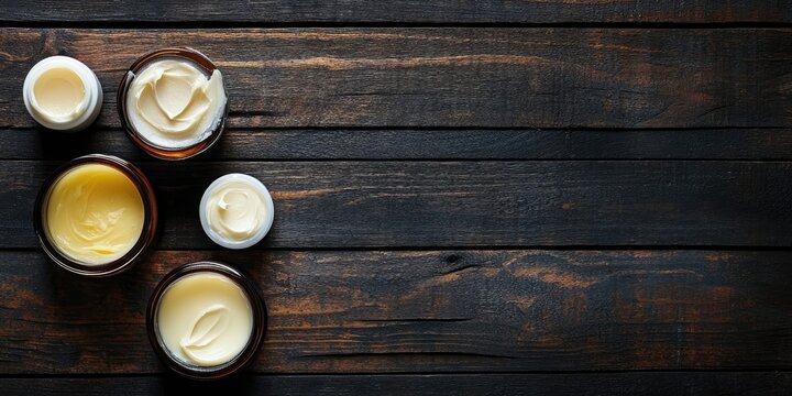 Moisturizers and raw shea butter in glass jars arranged on dark wooden table background with rich brown tones and natural textures.