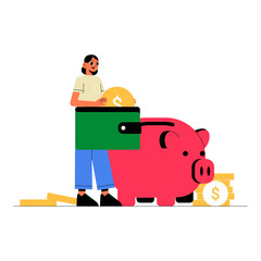 Woman Holding Coin Near Piggy Bank In Flat Vector Illustration Symbolizing Saving Money, Budgeting, And Personal Finance, Isolated On White Background.