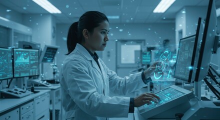 Scientist Analyzing Data: A focused female scientist in a modern lab uses a futuristic console, interacting with holographic data displays.