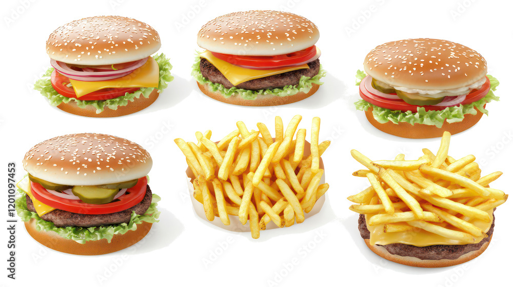 Poster burgers and fries collection on display generative ai