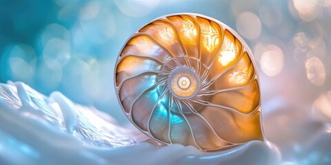 Close-up of a Nautilus shell in half cross-section with golden ratio spiral, orange and blue hues, backlit against a soft gradient background.