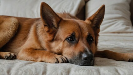 Red and black german shepherd dog lying on bed in the bedroom