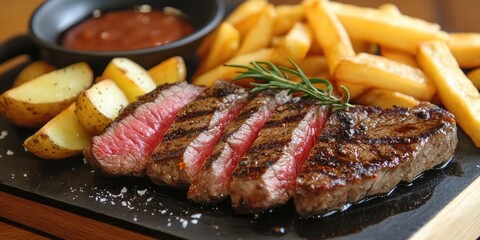 Grilled ribeye steak sliced medium rare with crispy French fries and roasted potatoes on a wooden platter with BBQ sauce and rosemary garnish.