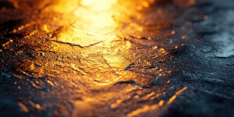 Textured metallic surface illuminated with warm orange and cool blue light creating an abstract pattern in foreground with a dark background.