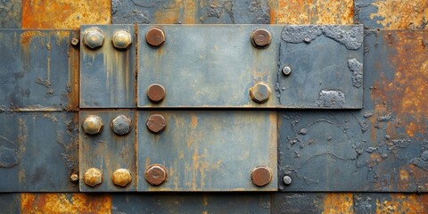 Weathered metal texture with rusty steel and iron plates showcasing bolts in brown and gray hues, arranged in a horizontal layout.
