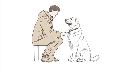 Fototapeta premium Man sitting, training a white dog.