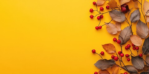 Vibrant yellow backdrop with dried leaves and red berries arranged on the left side, ample copy space for autumn-themed promotions and designs