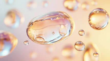 95.A high-resolution rendering of floating serum droplets, their surfaces reflecting light. The interior details include shimmering molecules, placed against a neutral yet vibrant gradient backdrop.