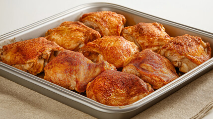 Fototapeta premium Golden-brown roasted chicken on a tray with textured beige cloth