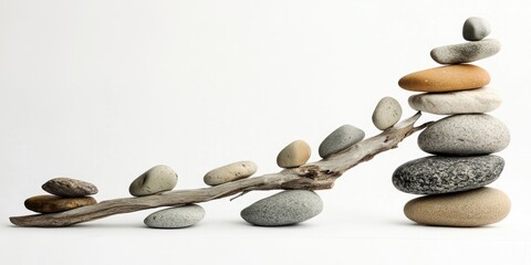 Balanced stack of smooth stones in neutral tones arranged on a driftwood branch against a light background conveying harmony and stability.