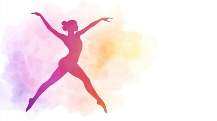 Framed watercolor concept. A graceful dancer leaps joyfully against a colorful watercolor background.