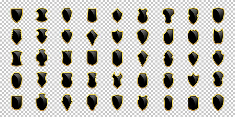 Gold outline shield icons on a transparent background, offering a range of elegant shapes for seamless use in digital branding, logos, and heraldic applications