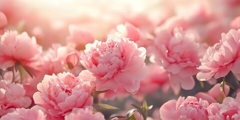 Obraz premium Soft pink peony flowers in full bloom with a blurred pastel background and golden light creating an elegant, tranquil atmosphere and copyspace.