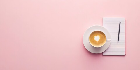 Minimalistic pink backdrop with a white coffee cup topped with heart latte art positioned left next to a lined notepad and black pen on the right