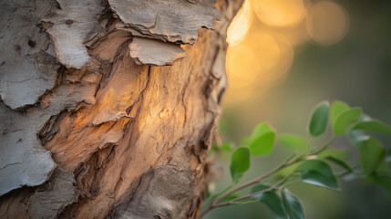 Tree sunlight bark serene close up trunk nature with leaves and light show peaceful scene