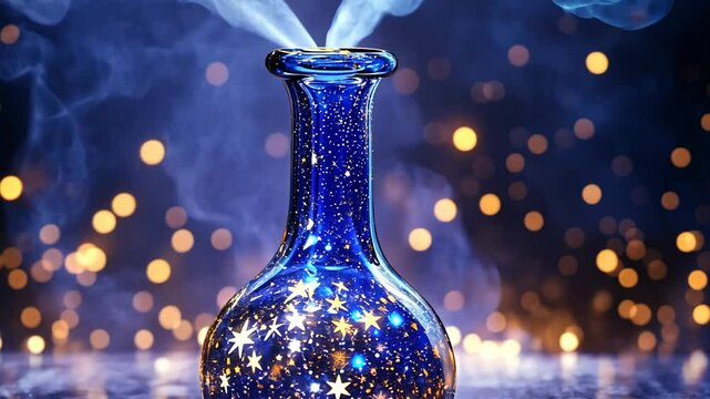 Magic potion in a blue bottle creating mystical smoke with sparkling stars