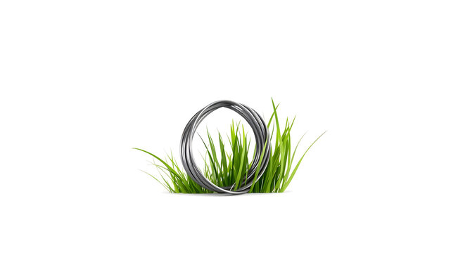 abstract shape with steel coil and grass, sustainable concept white background