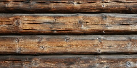 Fototapeta premium Rustic wooden wall background featuring dark brown coniferous logs arranged horizontally with visible knots and textures enhancing vintage feel.