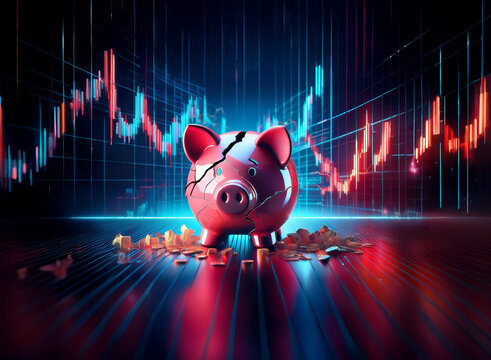 A cracked piggy bank sits amidst scattered coins before a fluctuating stock market graph, symbolizing financial loss and economic instability.