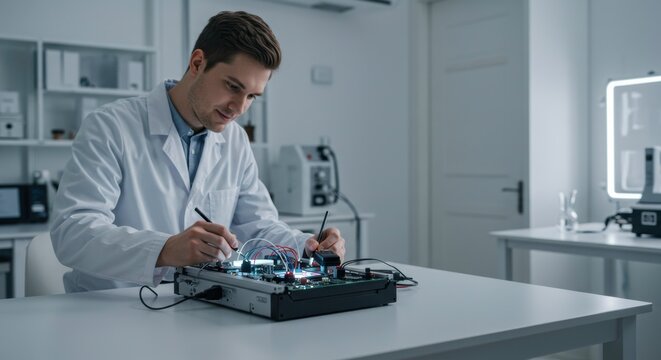 Focused Technician: A dedicated technician meticulously works on advanced medical equipment, showcasing precision and expertise in a modern, well-lit laboratory setting. 